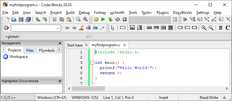 Code::Blocks with the file myfirstprogram.c open in the editor